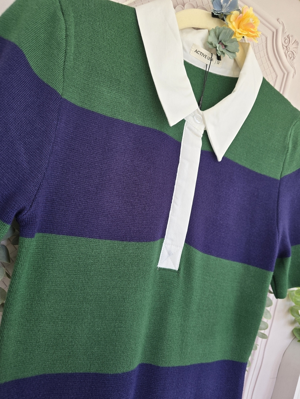 ​Active USA Striped Knit Polo Midi Dress - Navy & Green Preppy Collared Sheath - Picture 6 of 15